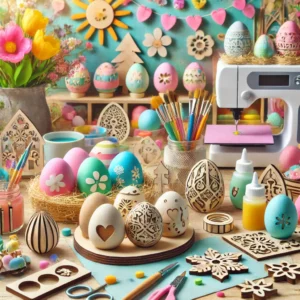 Dall·e 2025 03 04 11.58.33 A Vibrant And Creative Easter Themed Image Featuring Decorated Eggs, 3d Printed Easter Decorations, Laser Cut Wooden Ornaments, And Craft Supplies In